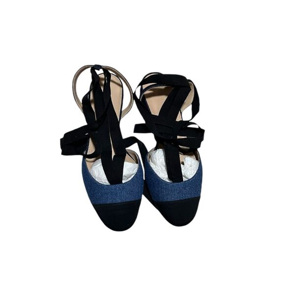 J Crew Denim and Black Lace Up Ballerina Flats Size 7.5 - Picture 3 of 4